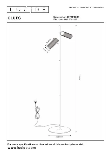 Lucide CLUBS - Vloerlamp - 2xGU10 - Zwart - technisch